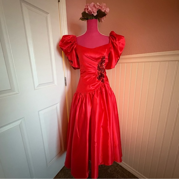 None Dresses & Skirts - Vintage Unbranded Red Satin Special Occasion Gown size 7/8 with Sequins
